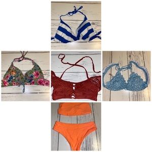 Five different swimsuit tops and orange swim set.